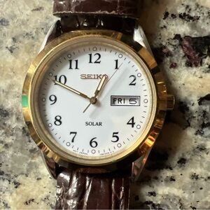 Seiko White Dial Gold-Tone Bezel Watch with Brown Strap